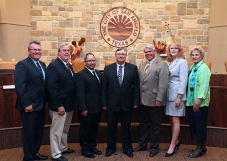 The 2014-2015 City Council, from left: Rodney Fleming, Marty Self, Johnny Silvas, Mayor Dwain Morrison, Don Vardeman, Elizabeth Grindstaff, and Charlotte Farmer. (Contibuted, City of San Angelo Public Information)