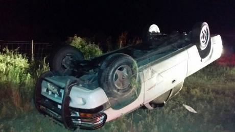 A white 1997 Dodge Dakota was involved in a rollover crash north of Christoval Friday, Sept. 26, 2014. (LIVE! Photo/Joe Hyde)