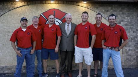 Nowlin with members of the San Angelo Fire Fighters Assoc. (L-R): Bubba Barnett, Donald White, Bubba Stevens, mayoral candidate David Nowlin, Justin Frazee, Dave Bowling, Max Childress, (LIVE! Photo/Joe Hyde)