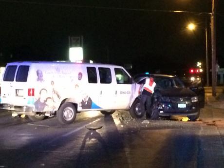 Concho Valley Regional Food Bank van clobbered in crash on Avenue N on Oct. 8, 2014. (LIVE! Photo/Joe Hyde)