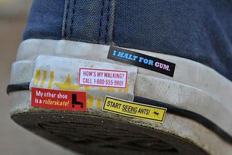 These shoe bumper stickers are able to adhere due to petrochemical adhesives. (Photo courtesy of geeky-gadgets.com)
