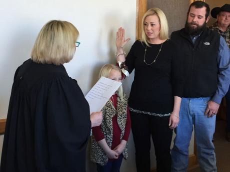 County Court-at-Law Judge Penny Roberts swears-in her daughter, Leslie Mackie as the Sterling County Judge. (Contributed photo/Dianna Spieker)
