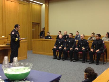 Police Chief Tim Vasquez swears-in four new policemen to the force. (LIVE! Photo/Joe Hyde)