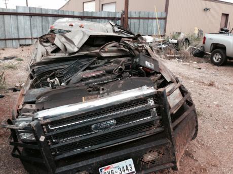 Hernandez's Ford F-250 as seen at the Robert Lee impounding lot the next morning. (LIVE! Photo/Ed Blackburn)