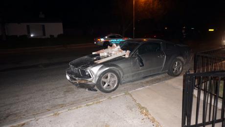A driver of a Ford Mustang fled the scene after crashing into a home early Saturday morning, Apr. 4, 2015. (LIVE! Photo/John Basquez)