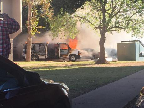 The van on fire just before firefighters arrived. (Contributed/Savanna Scar'let Tolan)