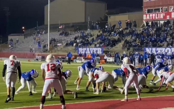 Christoval defending the goal line against Falls City during the 4th round of the 2020 Texas High School Football Playoffs