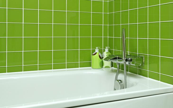 A bathtub with popular, designer tile