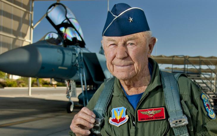 Yeager in 2012, in front of a new Glamorous Glennis III F-15D Eagle