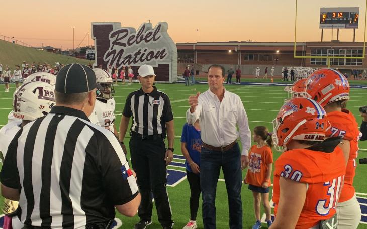 Congressman August Pfluger conducts the coin toss at the San Angelo Central vs. Midland Legacy Rebels on Oct. 29, 2021