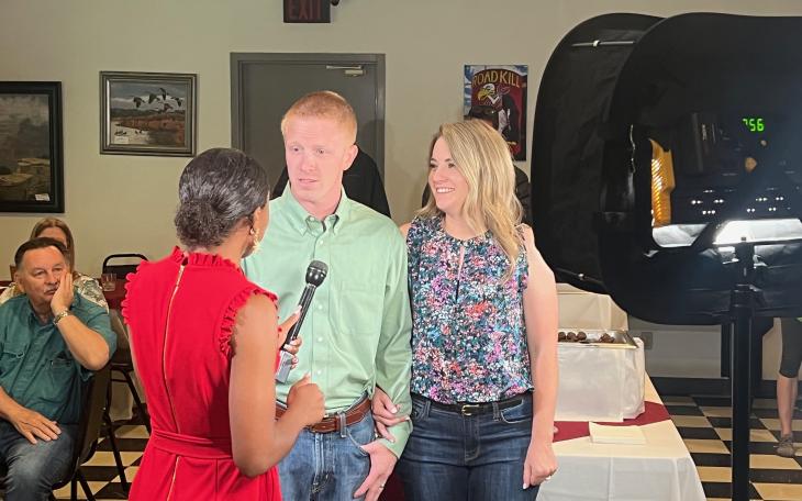 Republican nominee for Tom Green County Judge Lane Carter and his wife Paige is interviewed by KLST's Erin Hunter from his election watch party on May 24, 2022