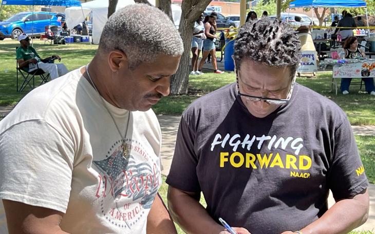 Pastor Gary Jenkins collects signatures to be placed on the November 8, 2022 ballot for Tom Green County Judge at the annual Juneteenth Celebration at MLK Park on June 18, 2022