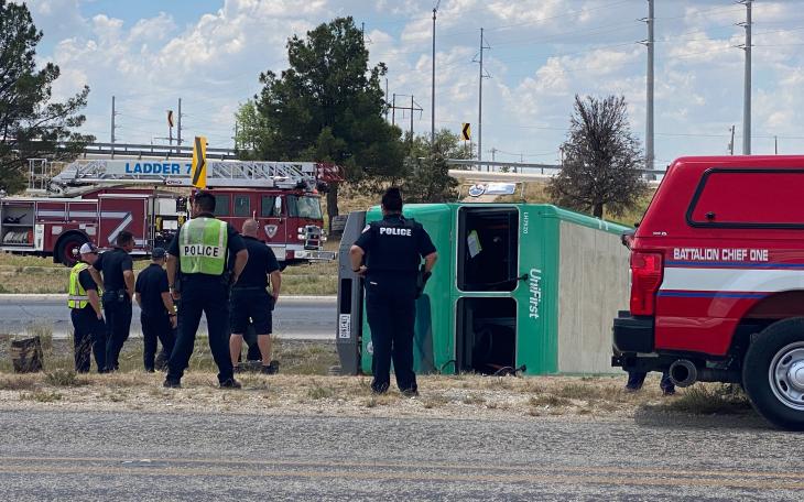 A Unifirst delivery truck capsized on the access road to Loop 306 near the Ben Ficklin Bridge on June 30, 2022