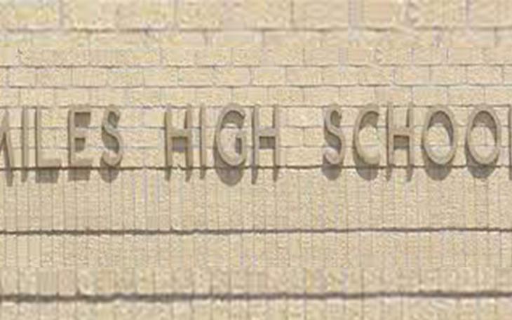The sign on Miles High School in Miles, Texas