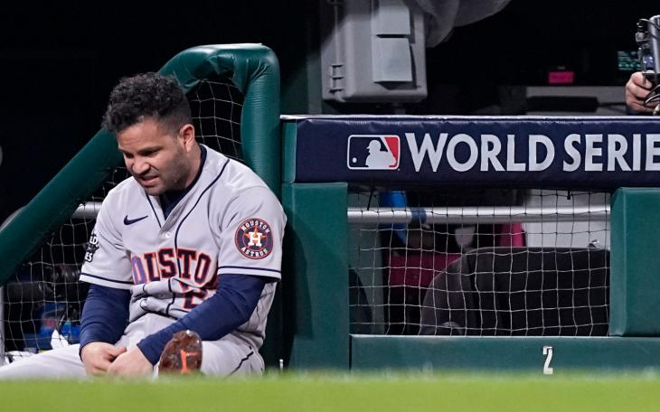 Houston Astros second baseman Jose Altuve reacts to play during the eighth inning in Game 3 of baseball's World Series between the Houston Astros and the Philadelphia Phillies on Tuesday, Nov. 1, 2022, in Philadelphia. (AP Photo/David J. Phillip)