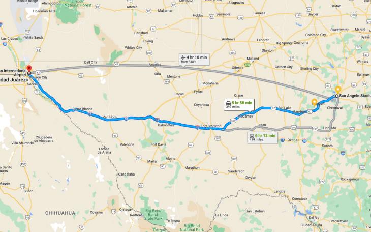 The Google map from San Angelo Stadium to Trooper Stadium in El Paso