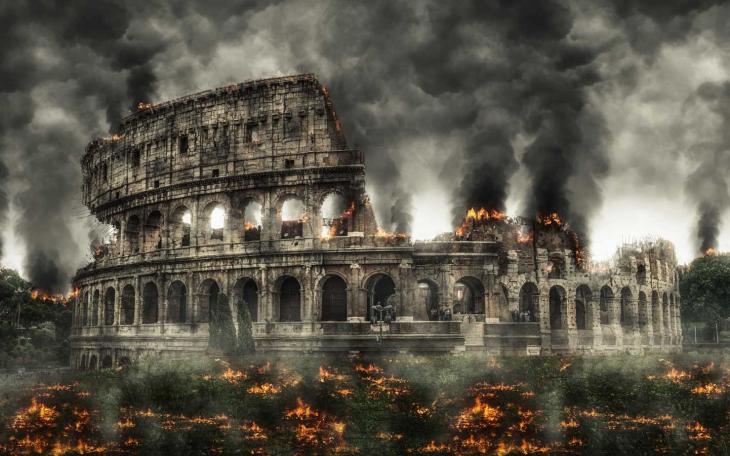 Colosseum, Rome on fire with thick smoke