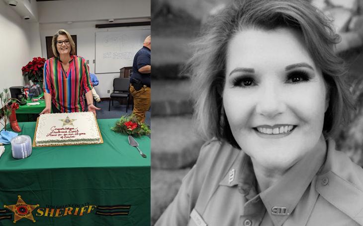 Stacye Speck (l) at her celebration of 28 years on the TGCSO force; right her official photo.