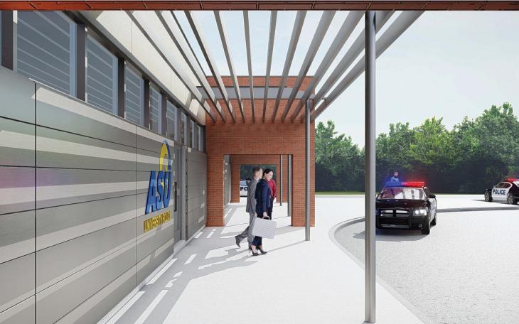 The architect rendering of how Angelo State University will transform the former strip center into a police station.