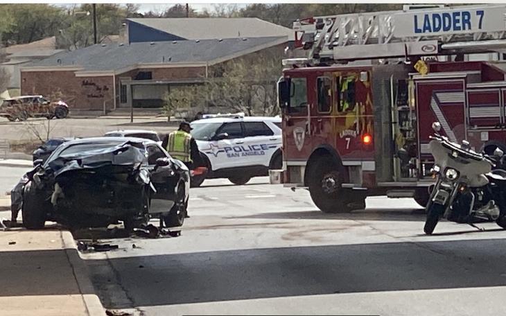 Dodge Challenger in Crash on Southwest at Loop 306 Frontage Rd. (LIVE! Photo/James Bouligny)