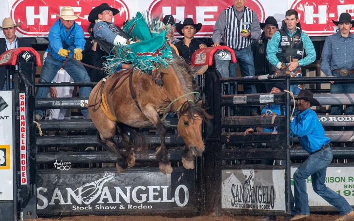 Jess Pope, on Pete Carr Pro Rodeo’s Painted River scored an 87 during the 4th performance of the 2023 San Angelo Rodeo.