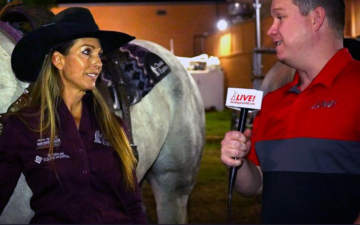 Barrel racer Kassie Mowry of Dublin, Texas won the average at the 2023 San Angelo Rodeo with a three-run combined time of 43.86 seconds.