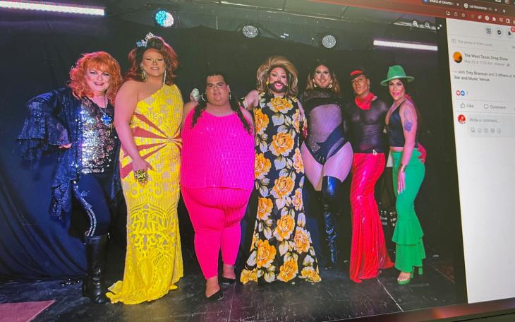 From the West Texas Drag Queen Show. The center actor, with a beard, is N4X at Nite, who is headlining the Be Theatre Show.