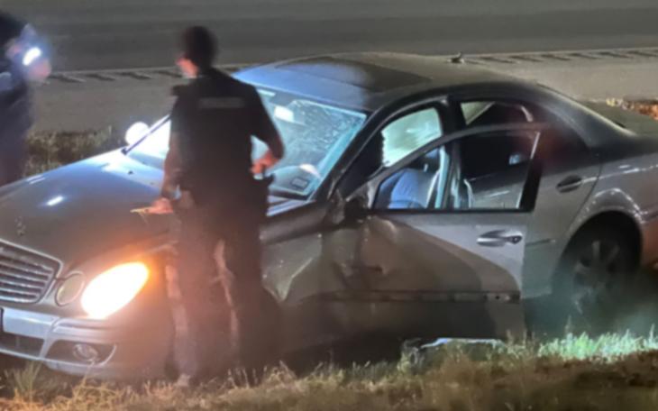 A driver of a Mercedes Benz drove off the prepared surface in the northeast bound lanes of the Houston Harte Expressway and trashed a TxDOT sign.