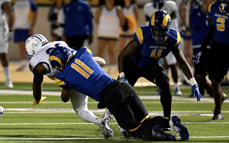 Angelo State's Eric Rascoe makes a Tackle