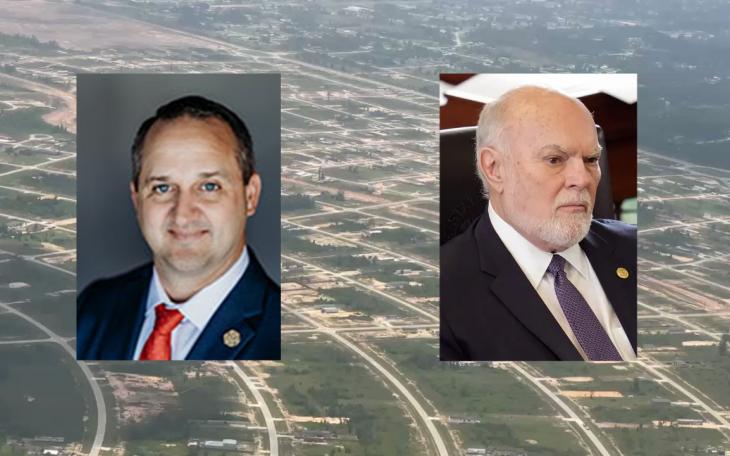 Left: State Rep. Rep. Ernest Bailes (HD 18) and State Sen. Robert Nichols (SD 3). Underlay is Colony Ridge from the air from a video on X by Todd Bensman.