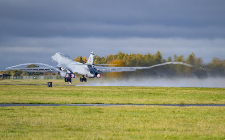 A B-1B Lancer assigned to the 9th Expeditionary Bomb Squadron takes off at RAF Fairford after completing Bomber Task Force mission 24-1 from RAF Fairford, United Kingdom, Nov. 10, 2023. BTF missions provide opportunities to train and work with our allies and partners in joint and combined operations and exercises. (U.S. Air Force photo by Airman 1st Class Emma Anderson)