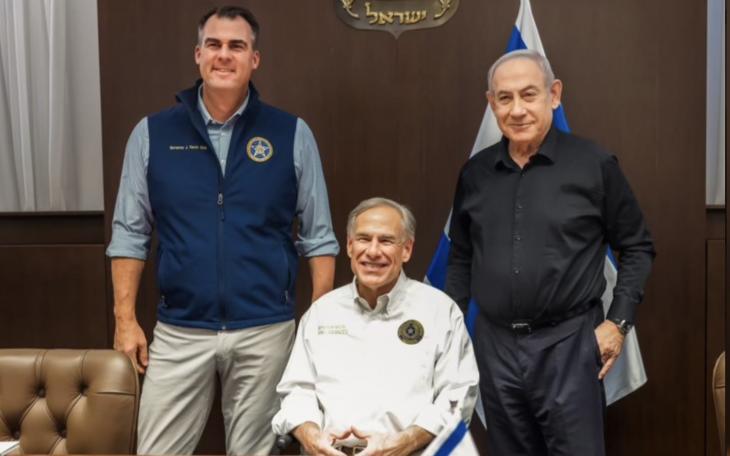 Oklahoma Governor Kevin Stitt (Left) Texas Governor Greg Abbott (Middle) Israel's Prime Minister Benjamin Netanyahu