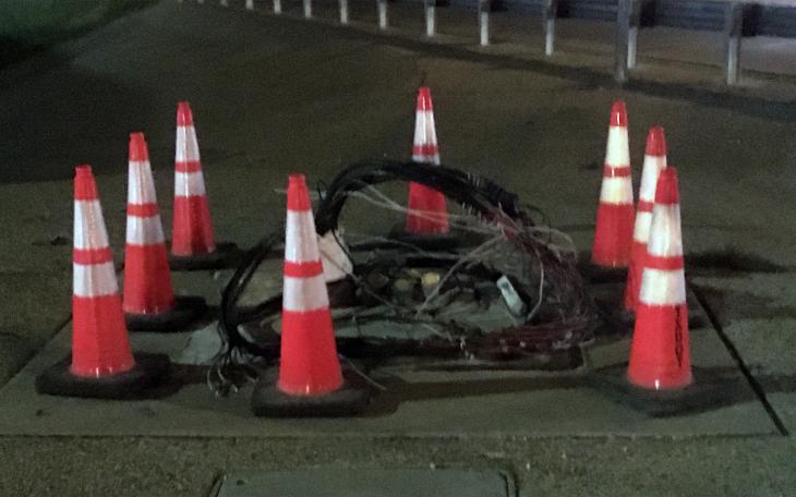 Where the damaged controller once was before being rammed by a car that was pursued by police.