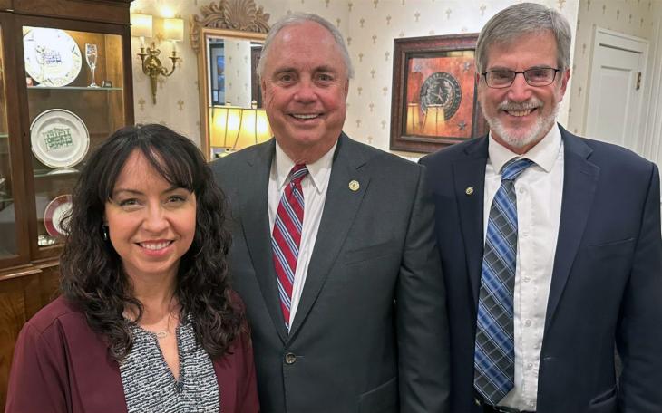 State Rep. Drew Darby (center) received an endorsement for his re-election from Texas Alliance for Life on Jan. 11, 2024. Comms Director Amy O'Donnell is to Darby's right and Executive Director Dr. Joe Pojman, Ph.D. is on Darby's left.
