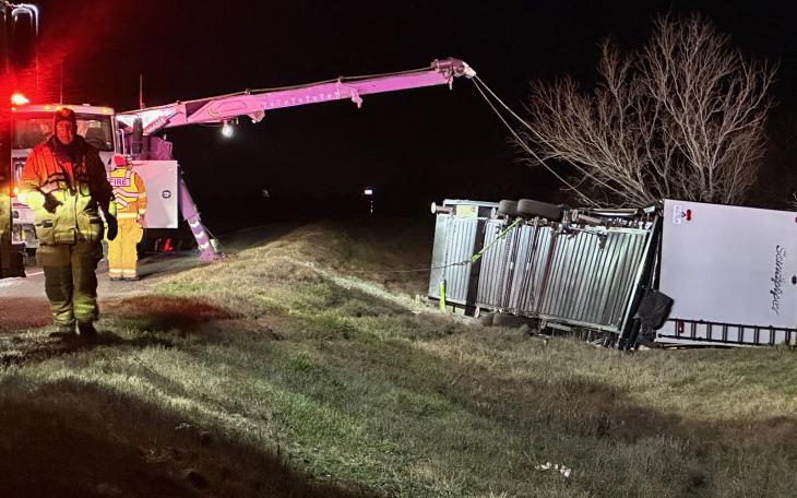 SAN ANGELO, TX — On a very cold and windy Saturday evening, what looks like a Sandpiper RV trailer, possibly a fifth wheel, has found a new home in a barrow ditch laying on its side.