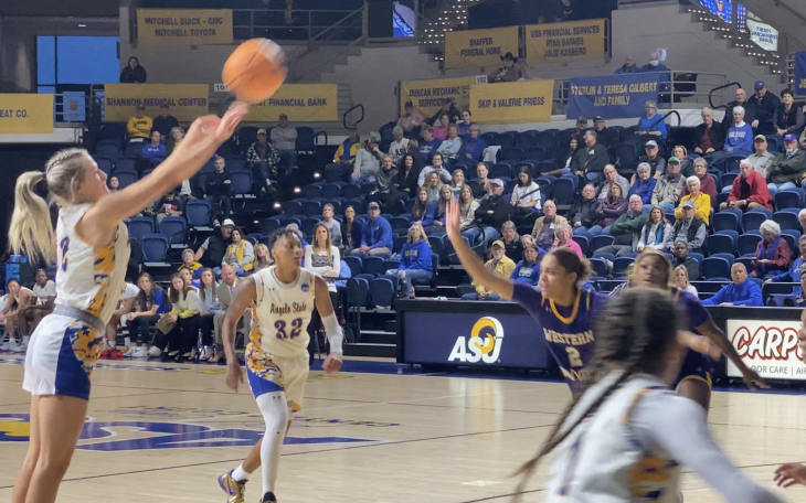 Angelo State's Maddie Stephens sinks a 3 against Western New Mexico.