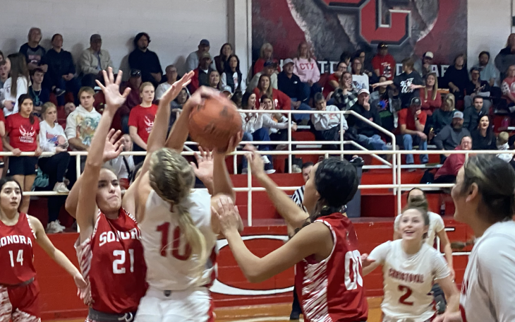 Christoval's Halle Hughes goes up for a shot against Sonora