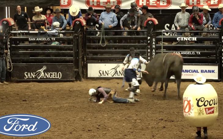 Close call at performance 4 of the 2024 San Angelo Rodeo.