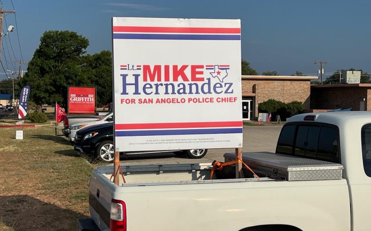 Parking pickups with the candidate's signs in the bed is a popular way to promote a candidate on election day at the polling locations.
