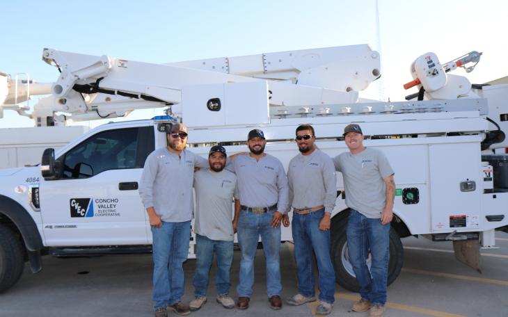 The Concho Valley Electric Cooperative crew of Newt Kitchens, Arian Gutierrez, Adrian Herrera, Raul Rivera and Levi Scott are helping restore power in southeast Texas after Hurricane Beryl.
