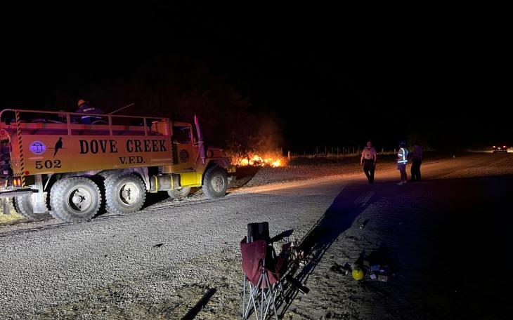 A Dove Creek VFD tanker truck was used last night for water to extinguih a small grass fire caused by firework in the field north of Foster Park.