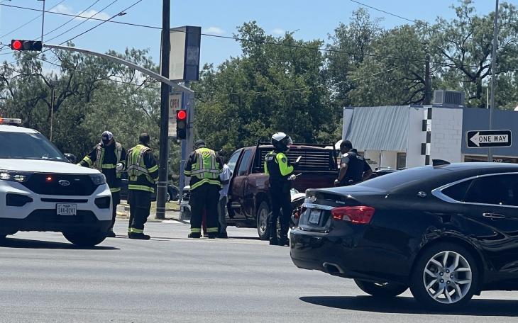 One person was taken to the hospital Wednesday afternoon after a crash involving a motorcycle and pickup truck at the intersection of North Bryant Boulevard and West 14th Street.
