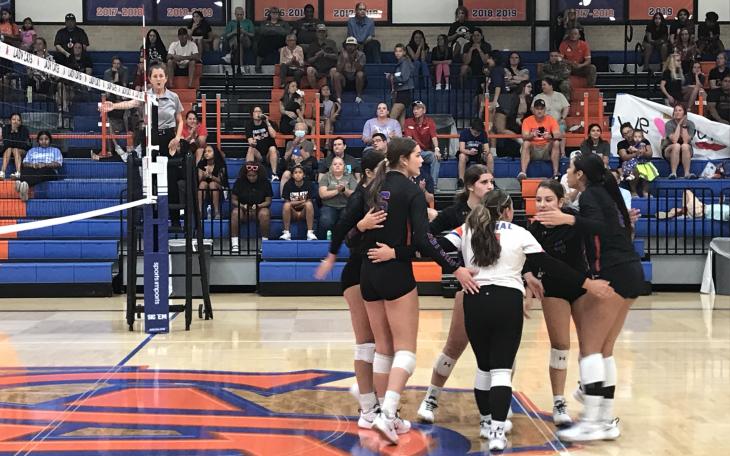The Central High School volleyball team talk after a point against Clyde on Tuesday, Sept. 17, 2024.