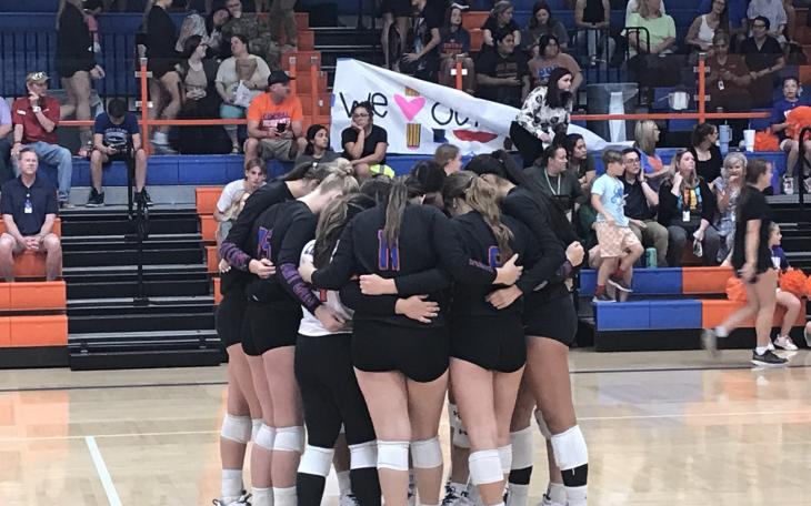 The Central High School volleyball team huddles before its match against Clyde on Tuesday, Sept. 17, 2024, at Central's Babe Didrikson Gym.