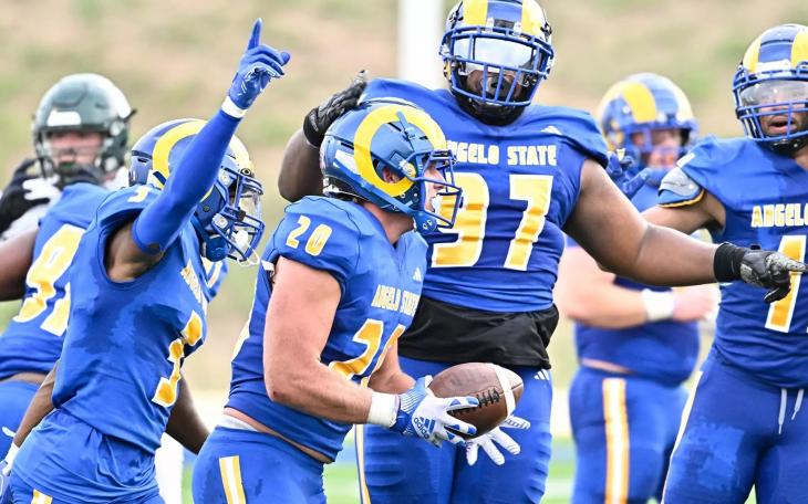 The Angelo State University defense celebrates a turnover against Eastern New Mexico on Saturday, Sept. 14, 2024.