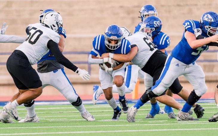 Lake View's Sammy Ramirez battles for yardage in the Chiefs' 55-42 win over Lamesa on Friday, Sept. 13, 2024, at San Angelo Stadium.
