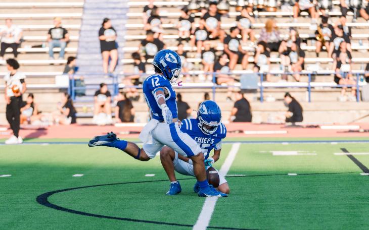 Lake View's Izaiah Rios prepares to kick the ball, which is held by Cristian Esparza, during the Chiefs' 55-42 win over Lamesa on Friday, Sept. 13, 2024, at San Angelo Stadium.