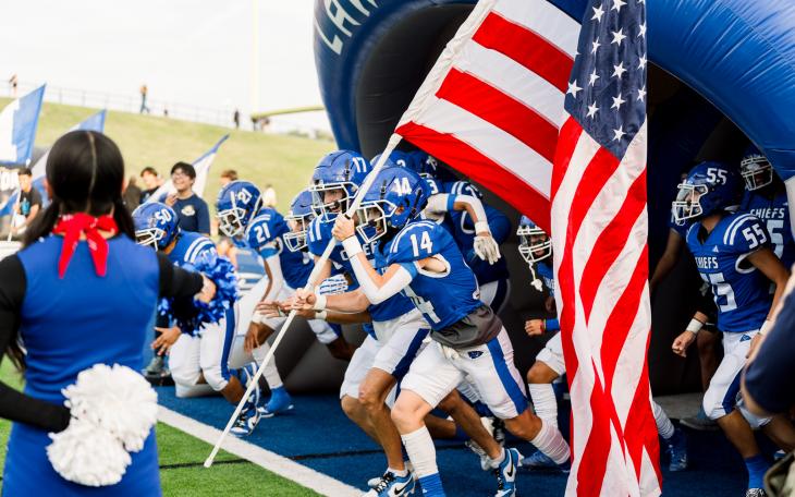 The Lake View Chiefs charge out of the tunnel before their game against Lamesa on Friday, Sept. 13, 2024, at San Angelo Stadium.