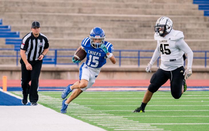 Lake View's Cristian Esparza runs down the sideline after a catch against Lamesa on Friday, Sept. 13, 2024, at San Angelo Stadium.
