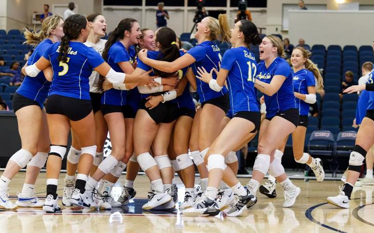 The Angelo State University volleyball team celebrates after a four-set win over No. 3-ranked West Texas A&amp;M on Friday, Sept. 20, 2024.